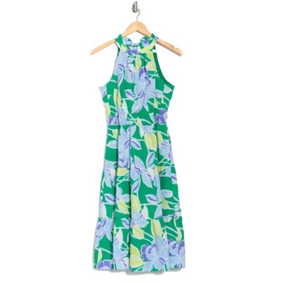 Eliza J Womens Green Blue Floral Pockets Halter Tiered Midi Dress Sz 12 New - Picture 8 of 9